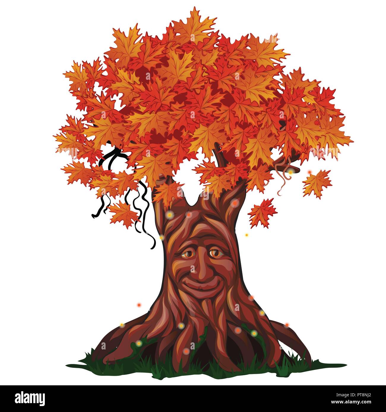 Arbre à feuilles caduques de fantaisie avec face à l'automne isolé sur fond blanc. Automne doré dans la forêt enchantée. Cartoon Vector illustration close-up. Illustration de Vecteur