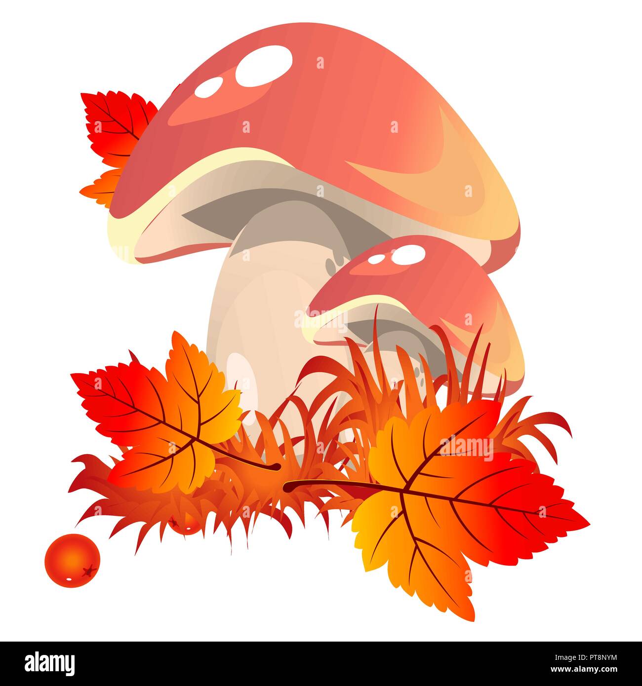 Esquisse pour une affiche sur le thème de la nature automne doré. Champignons mûrs tombés sous les feuilles jaunies des arbres en forêt d'automne isolé sur un fond blanc. Cartoon Vector illustration close-up. Illustration de Vecteur