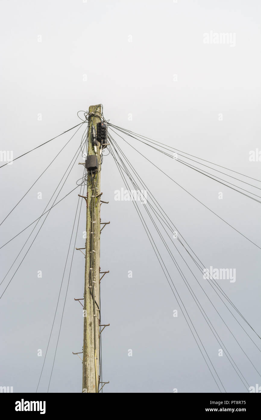 Poteau télégraphique avec plusieurs fils de connexion pour téléphone fixe. Points connectés, métaphore des connexions, se croiser les fils. Banque D'Images