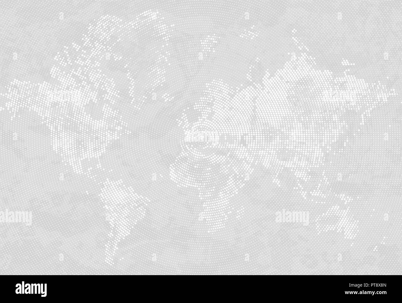 Résumé La carte à points demi-teinte Gris et Blanc Effet grunge Background. Carte du monde de silhouettes. Formes de Continental points. Grain circulaire radiale Illustration de Vecteur