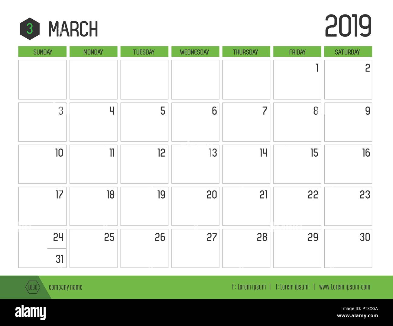 Vecteur de calendrier 2019 vert moderne ( mars ) en simple table propre style.full size 21 x 16 cm ; début de la semaine le dimanche Illustration de Vecteur