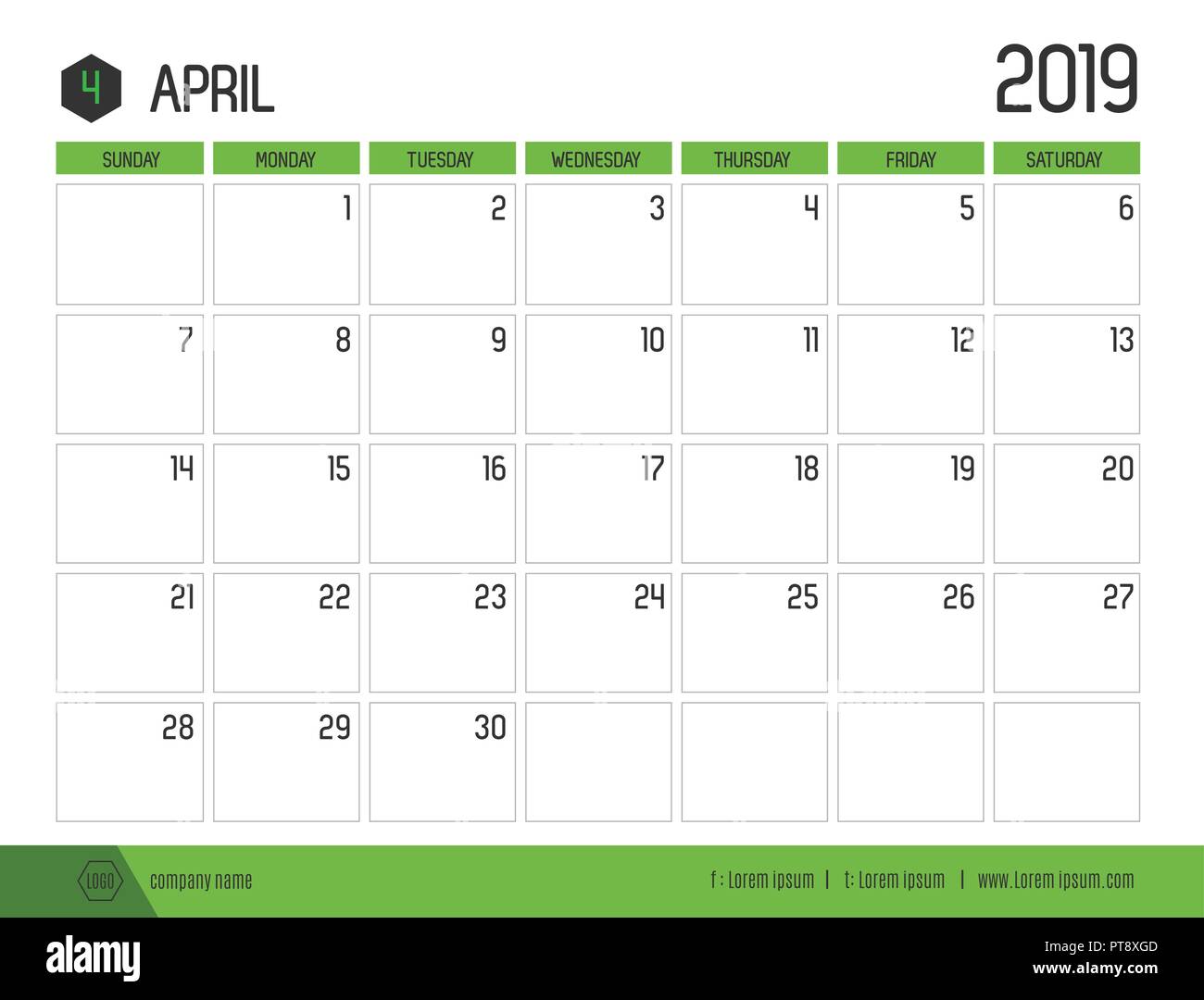 Vecteur de calendrier 2019 vert moderne ( avril ) en simple table propre style.full size 21 x 16 cm ; début de la semaine le dimanche Illustration de Vecteur