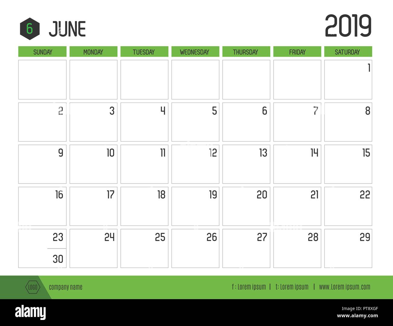 Vecteur de calendrier 2019 vert moderne ( juin ) en simple table propre style.full size 21 x 16 cm ; début de la semaine le dimanche Illustration de Vecteur