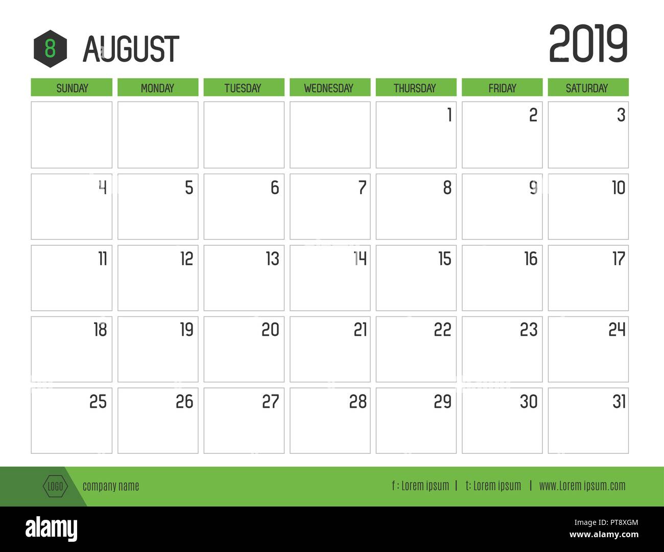 Vecteur de calendrier 2019 vert moderne ( août ) en simple table propre style.full size 21 x 16 cm ; début de la semaine le dimanche Illustration de Vecteur