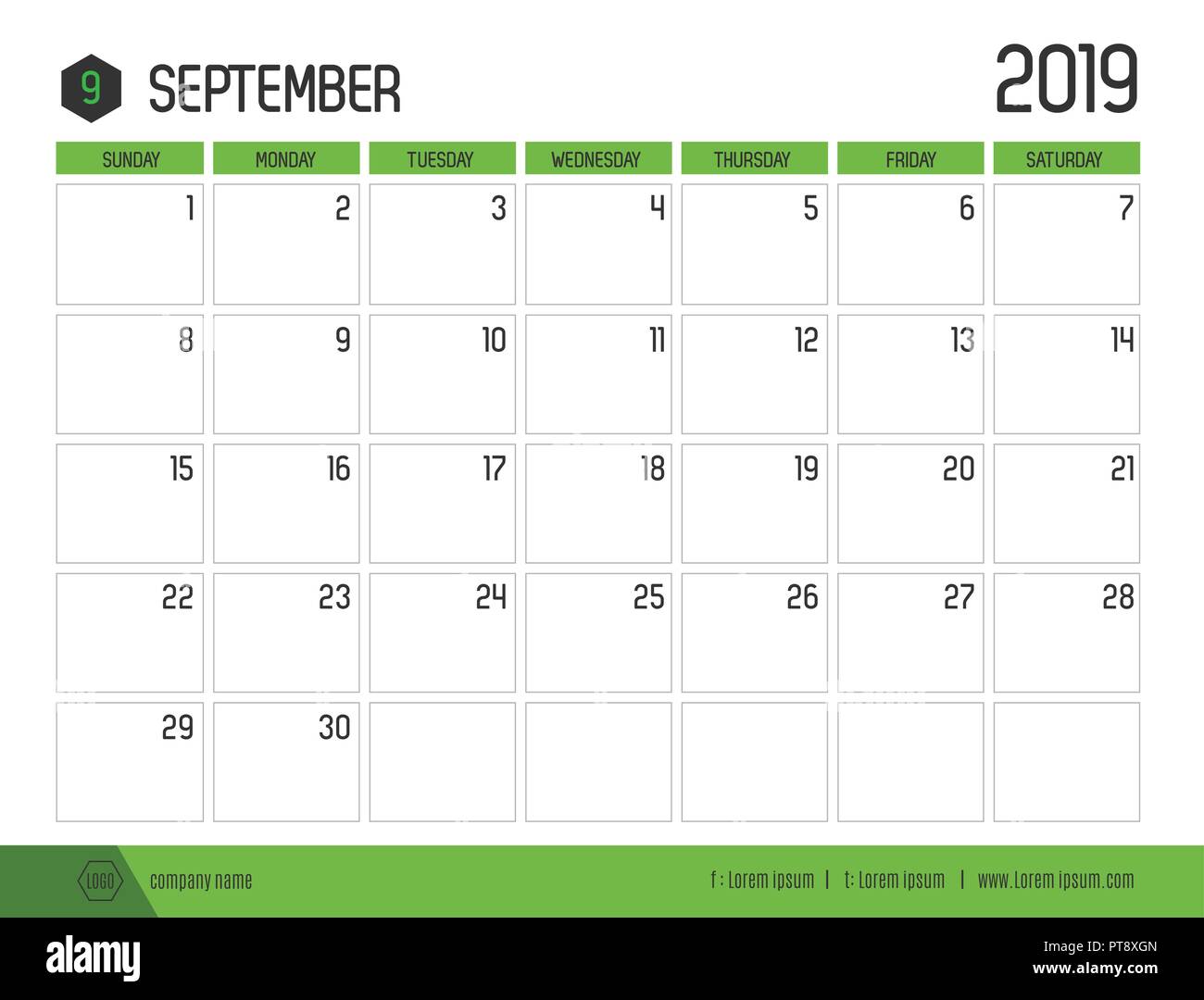 Vecteur de calendrier 2019 vert moderne ( septembre ) en simple table propre style.full size 21 x 16 cm ; début de la semaine le dimanche Illustration de Vecteur