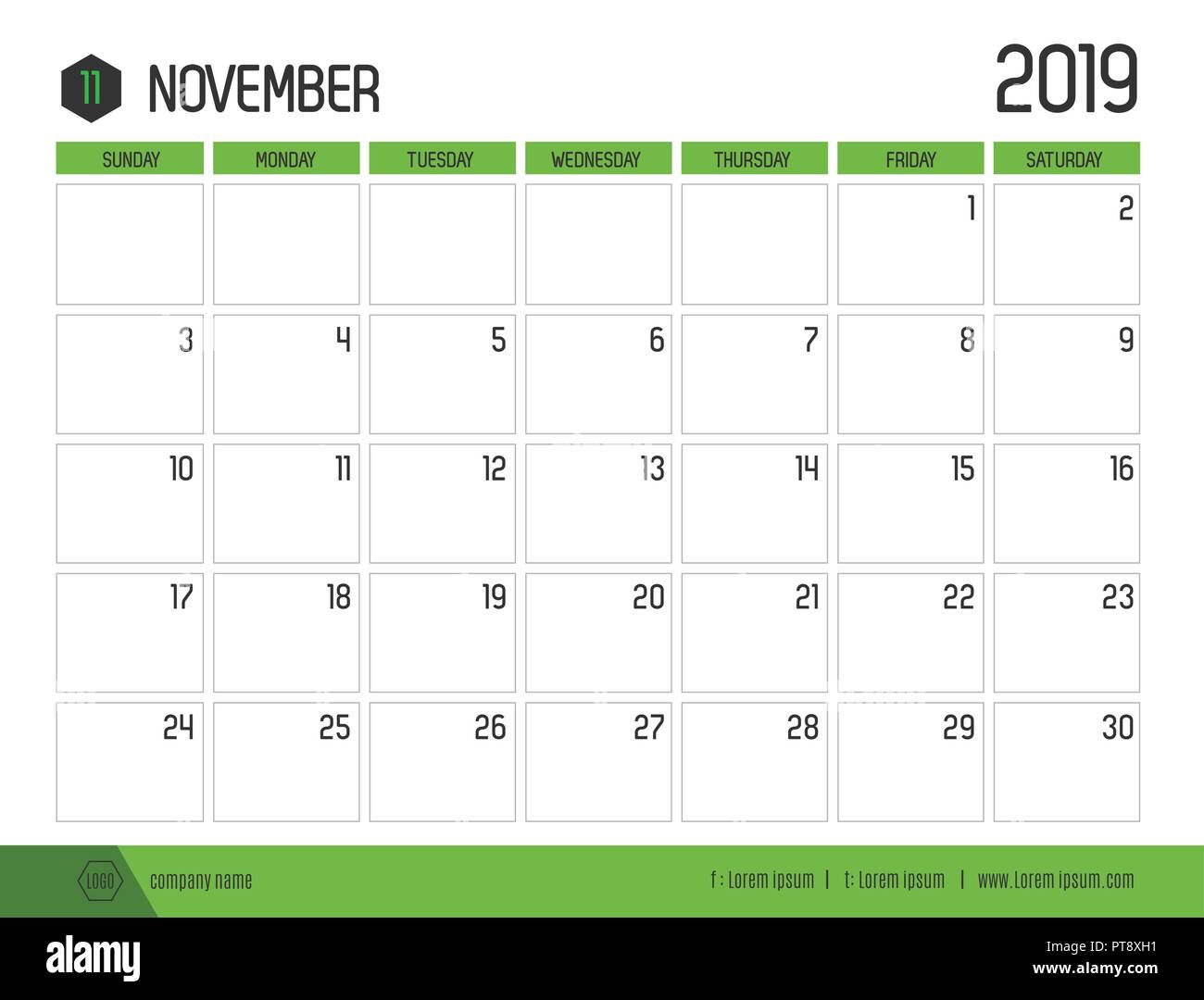 Vecteur de vert moderne ( 2019 ) novembre calendrier simple à nettoyer table style.full size 21 x 16 cm ; début de la semaine le dimanche Illustration de Vecteur