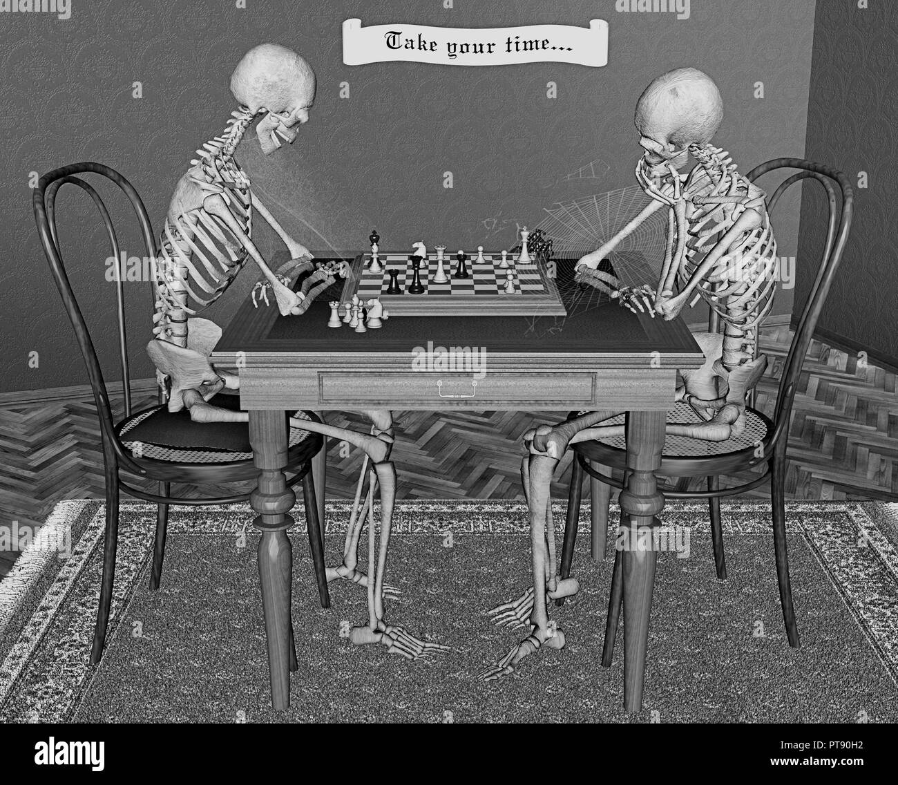 Joueurs d'échecs en prenant leur temps, deux squelettes à l'échiquier, le rendu 3D Banque D'Images