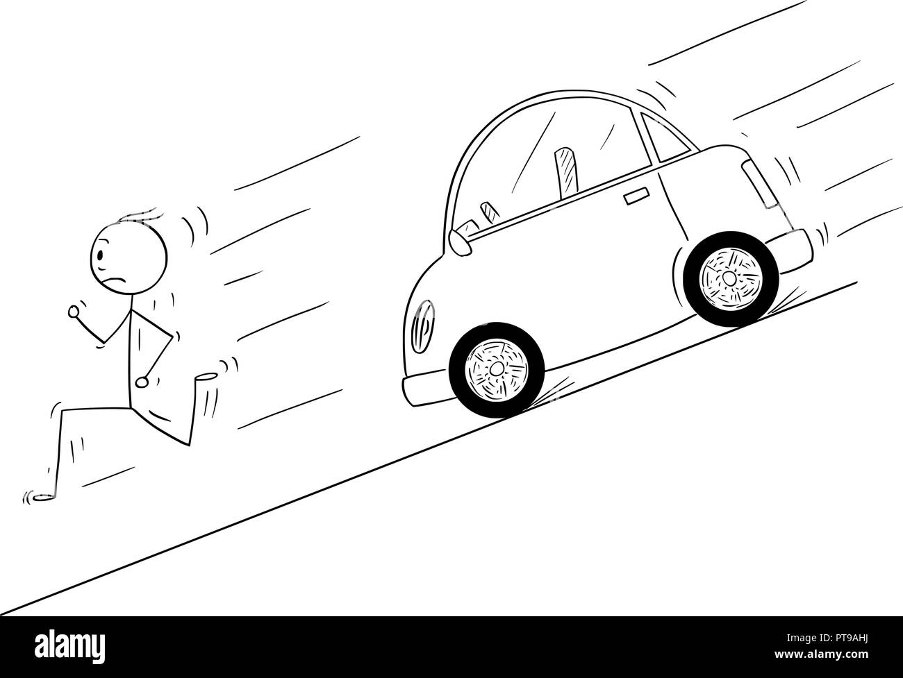 Caricature de l'homme fonctionnant en bas de la colline à partir de la voiture sans chauffeur incontrôlé Illustration de Vecteur