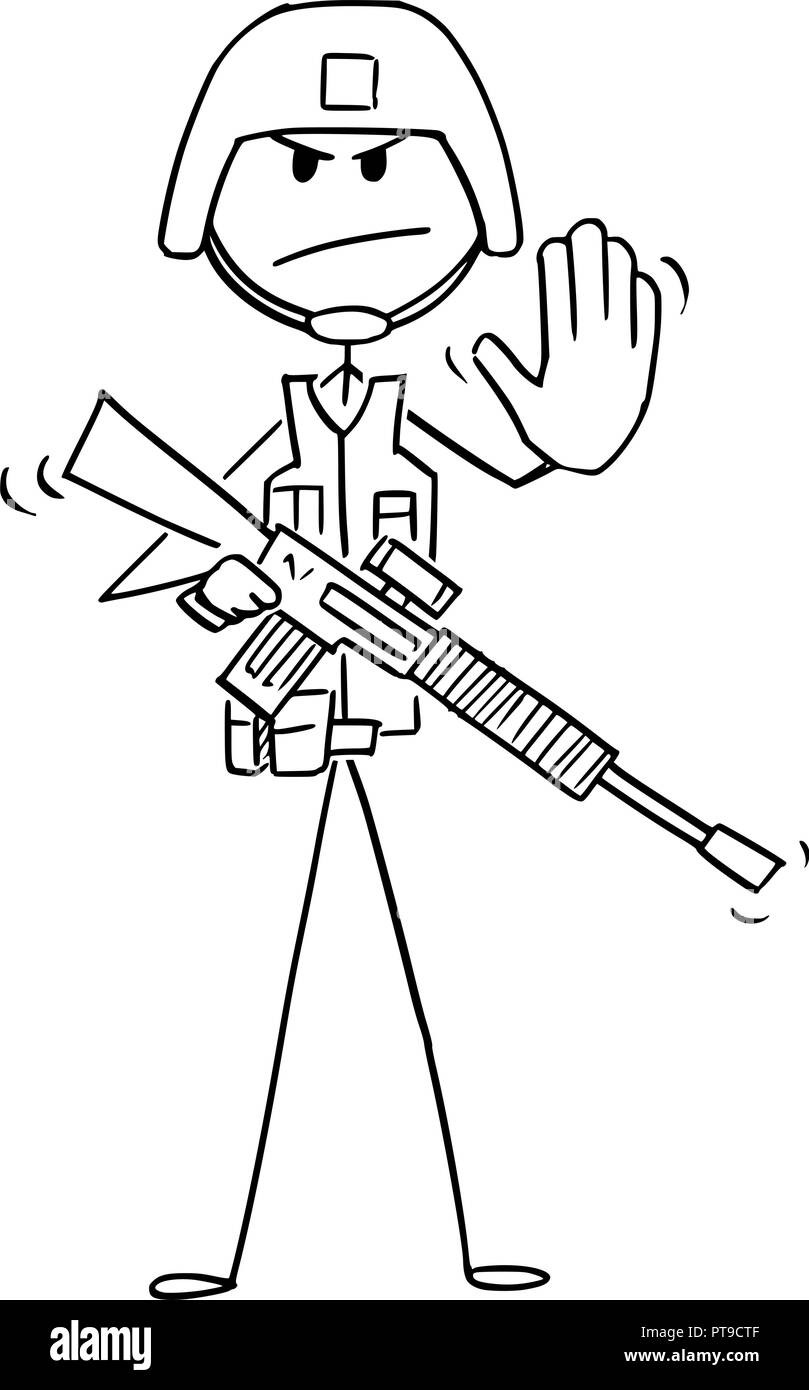 Caricature de soldat moderne montrant le geste d'arrêt Illustration de Vecteur