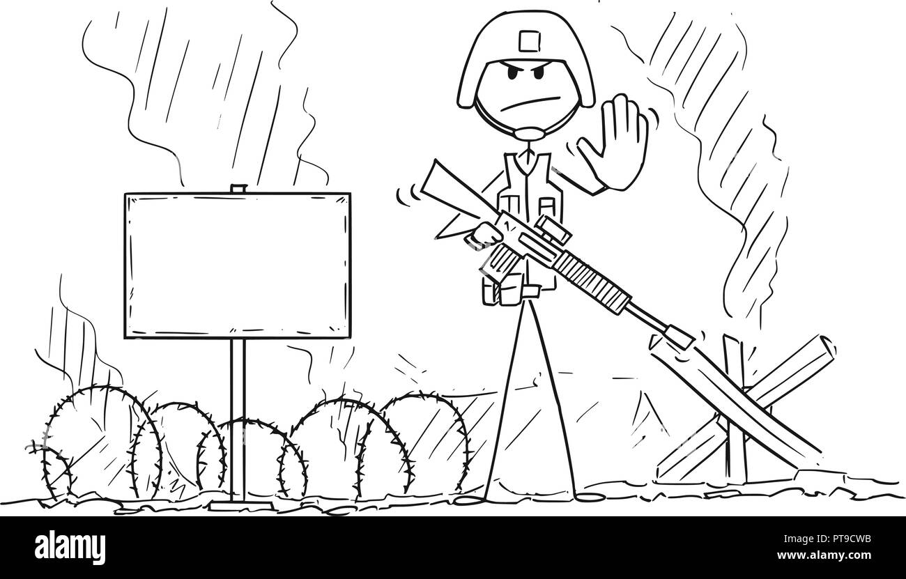 Caricature d'un soldat sur le champ de bataille moderne montrant le geste d'arrêt Illustration de Vecteur