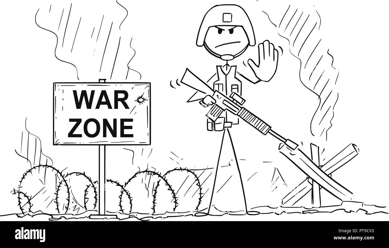 Caricature d'un soldat sur le champ de bataille moderne montrant le geste d'arrêt Illustration de Vecteur