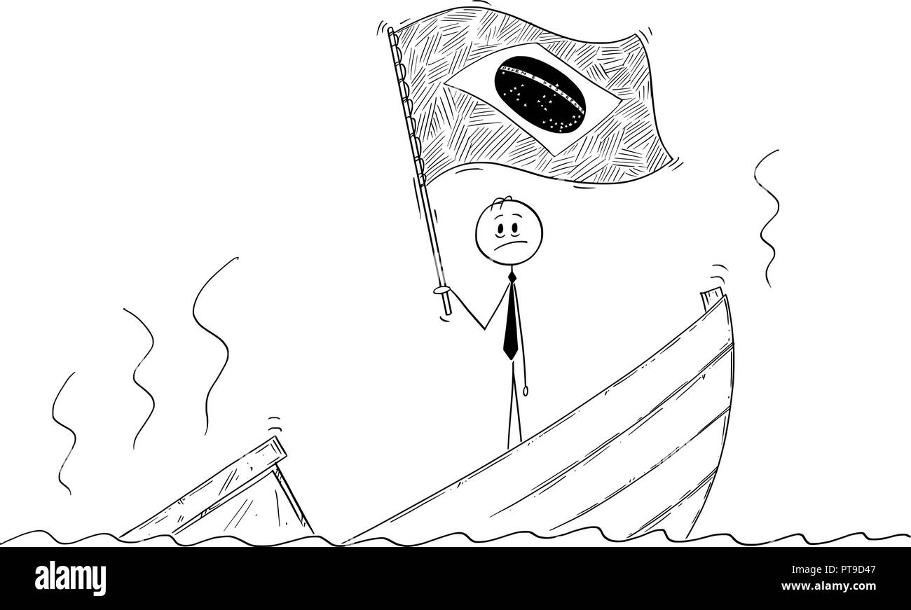 Caricature de l'homme politique debout appuyée sur bateau naufrage Waving Flag de la République fédérative du Brésil Illustration de Vecteur
