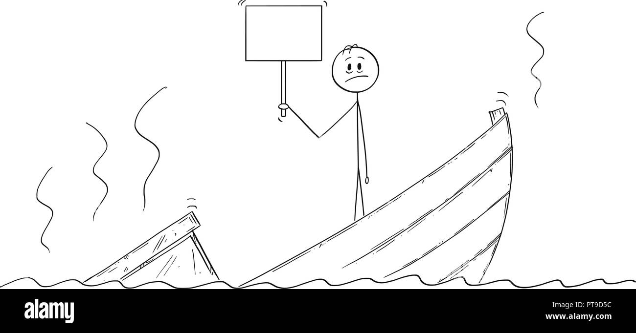 Caricature de l'homme, homme politique ou homme debout appuyée sur naufrage bateau avec signe vide Illustration de Vecteur