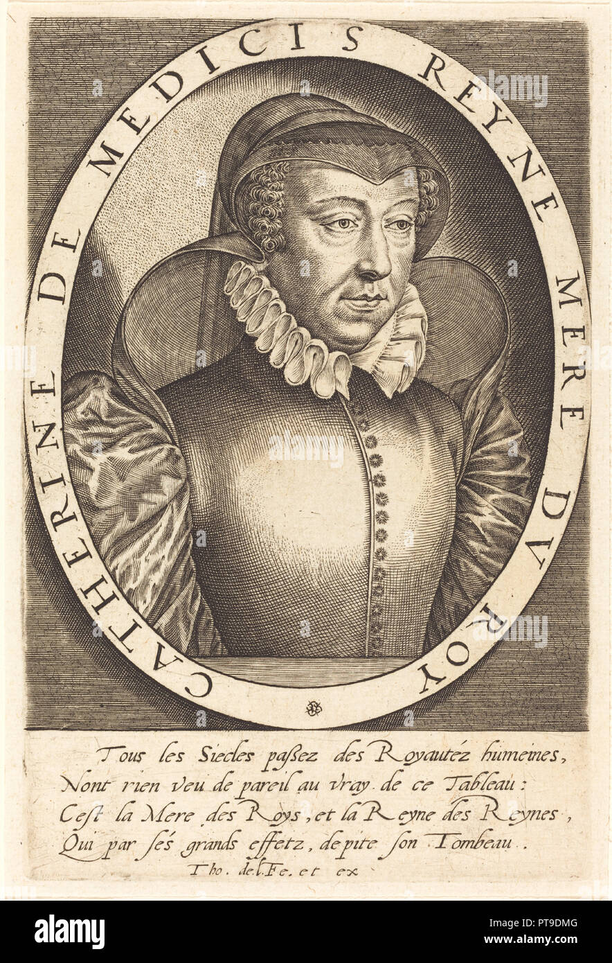 Catherine de Médicis, reine de France. Dimensions : 15,1 x 9,8 plaque : cm (5 15/16 x 3 7/8 in.) : 15,6 x 10,5 Fiche cm (6 1/8 x 4 1/8 in.). Technique : gravure sur bois sur papier. Musée : National Gallery of Art, Washington DC. Auteur : Thomas de Leu. Banque D'Images