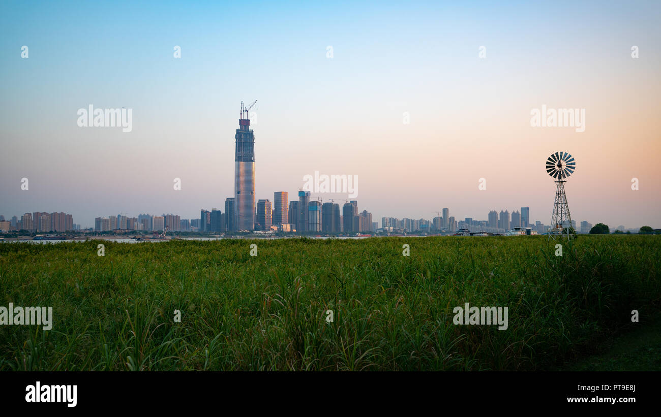 Coucher du soleil panorama de Wuchang Wuhan Hankou skyline et le marais de la rivière Yangtze en Chine Hubei Wuhan parc Banque D'Images