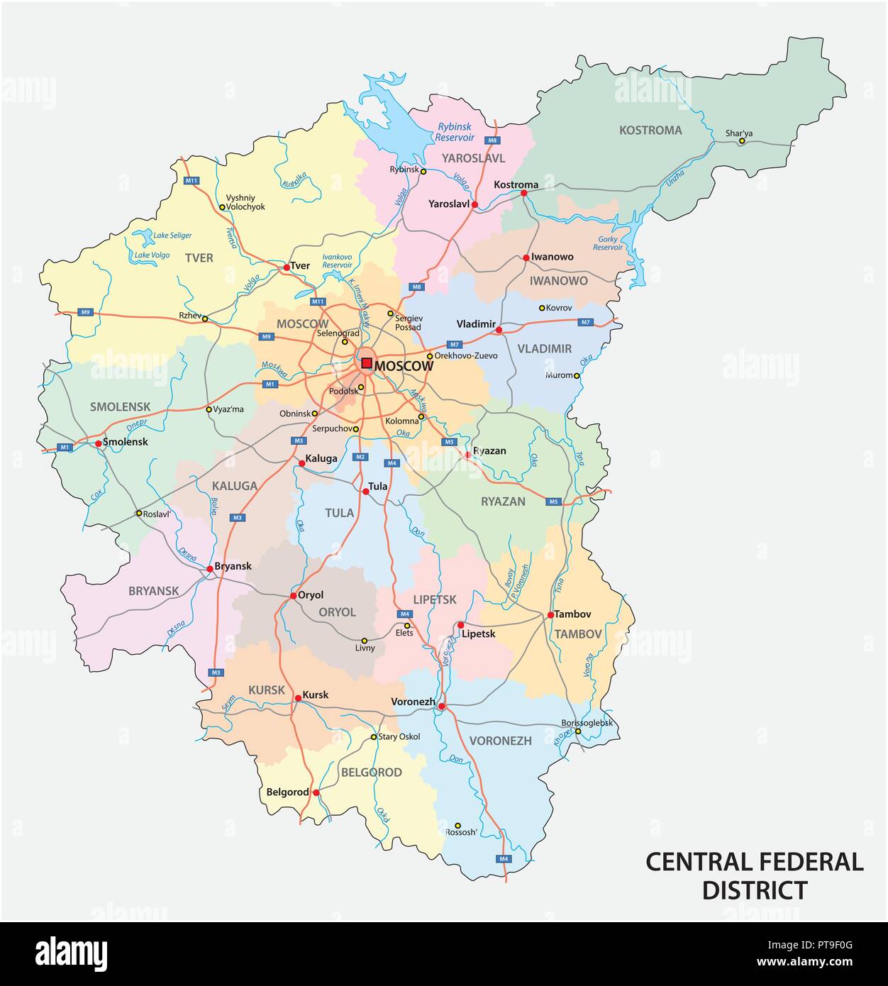 District fédéral central road, administratif et politique carte vectorielle, Russie Illustration de Vecteur