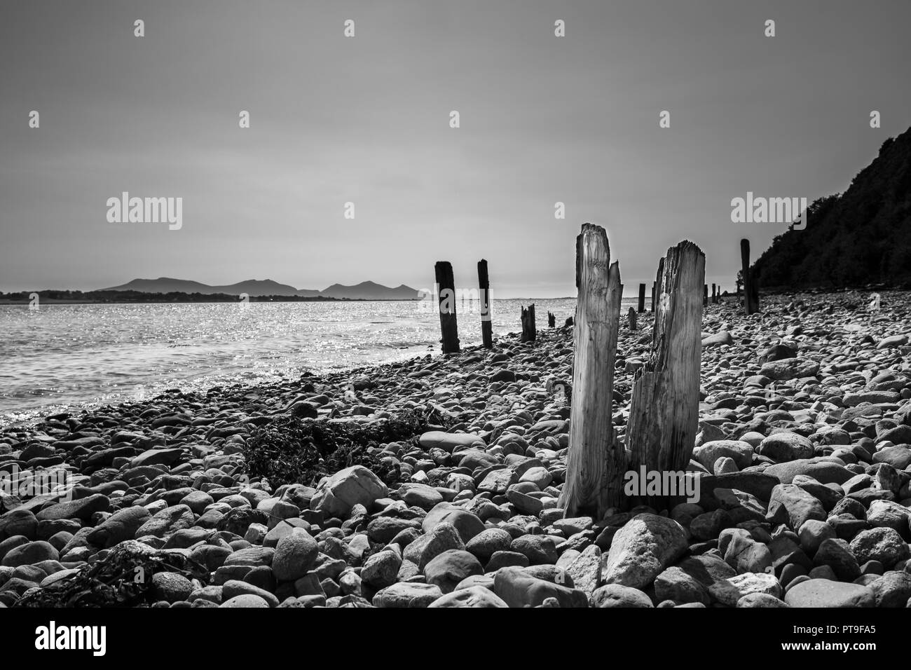 Noir et blanc, arty, paysage de la plage de galets sur Anglesey en regardant à travers l'eau du détroit de Menai vers les montagnes eIFL an (les rivaux). Banque D'Images