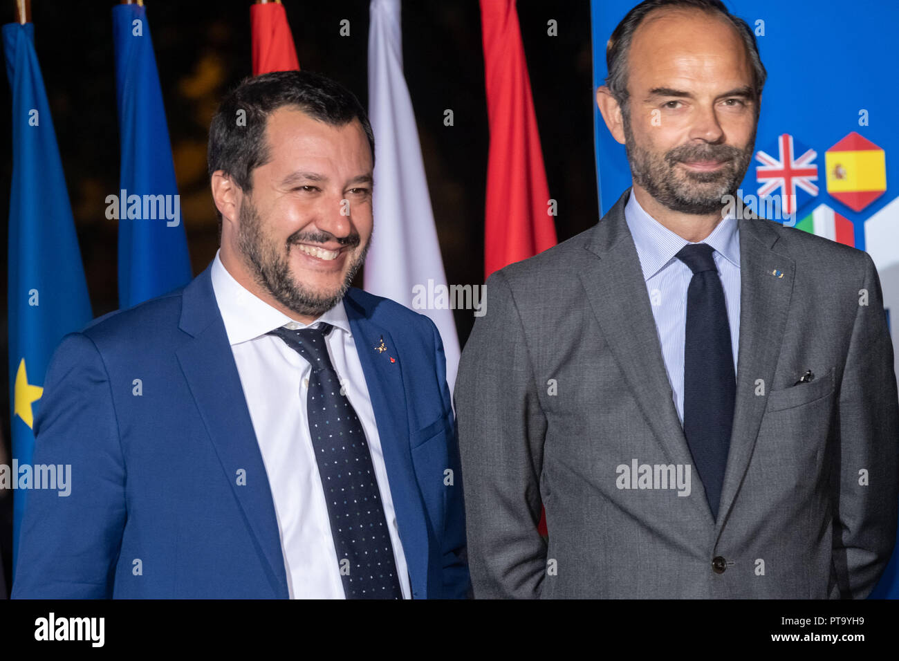 Lyon, France. 8 octobre 2018. Matéo Salvini Ministre de l'intérieur de  l'Italie et de l'Edouard Philippe Le premier ministre et ministre de l' intérieur à la Préfecture du Rhône G6 à Lyon, France