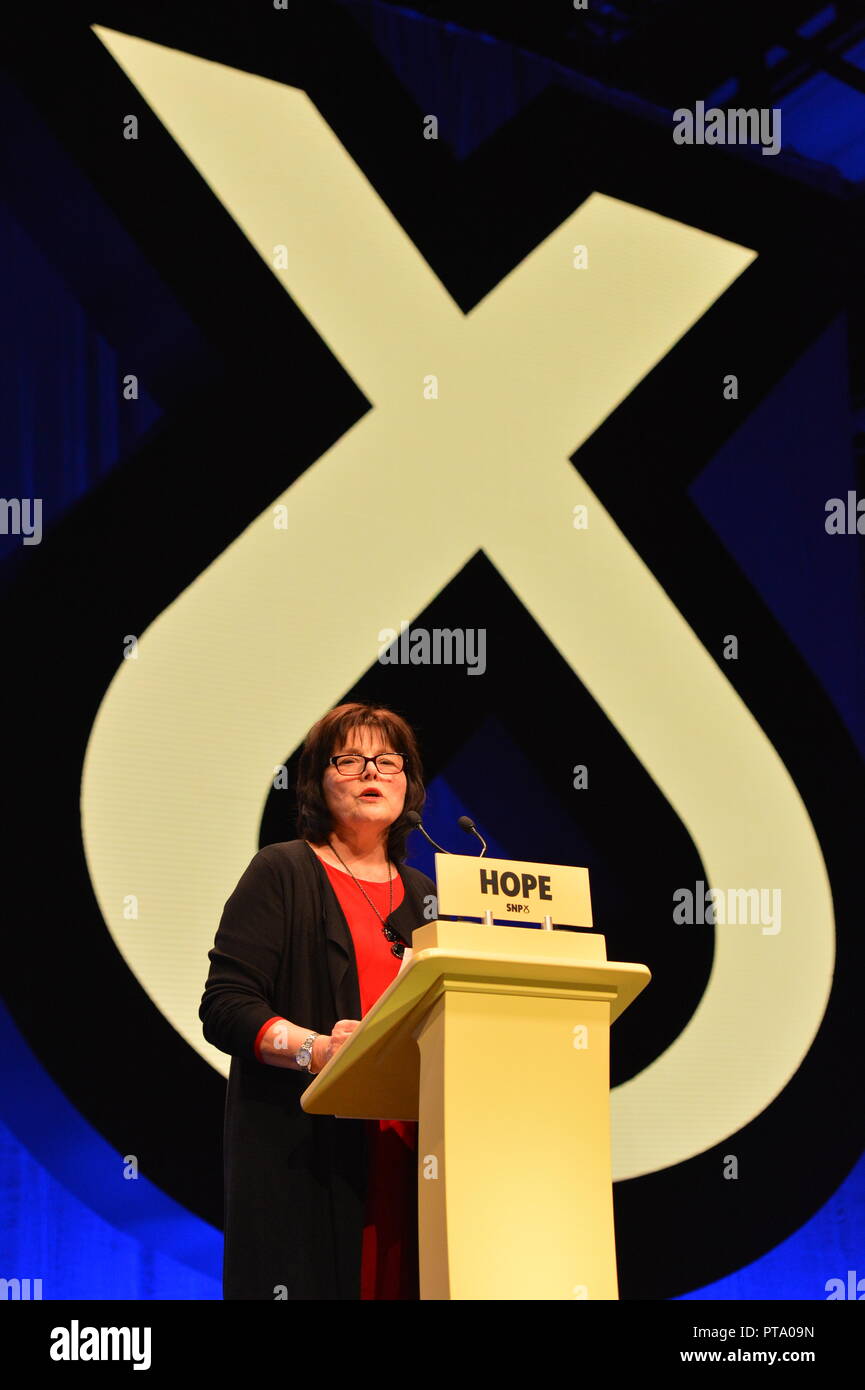 Glasgow, Royaume-Uni. 8 octobre 2018. Jeanne Freeman MSP - Secrétaire du Cabinet pour la santé et le sport à 2018 Conférence annuelle de SNP SECC Glasgow. Crédit : Colin Fisher/Alamy Live News Banque D'Images