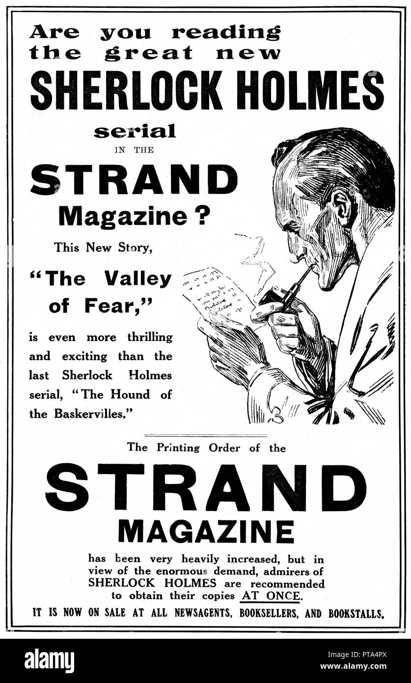 Sherlock Holmes, la vallée de la peur, 1914 annonce pour la sérialisation initial de la quatrième et dernière Holmes livre sur le grand détective de Sir Arthur Conan Doyle dans Strand Magazine Banque D'Images