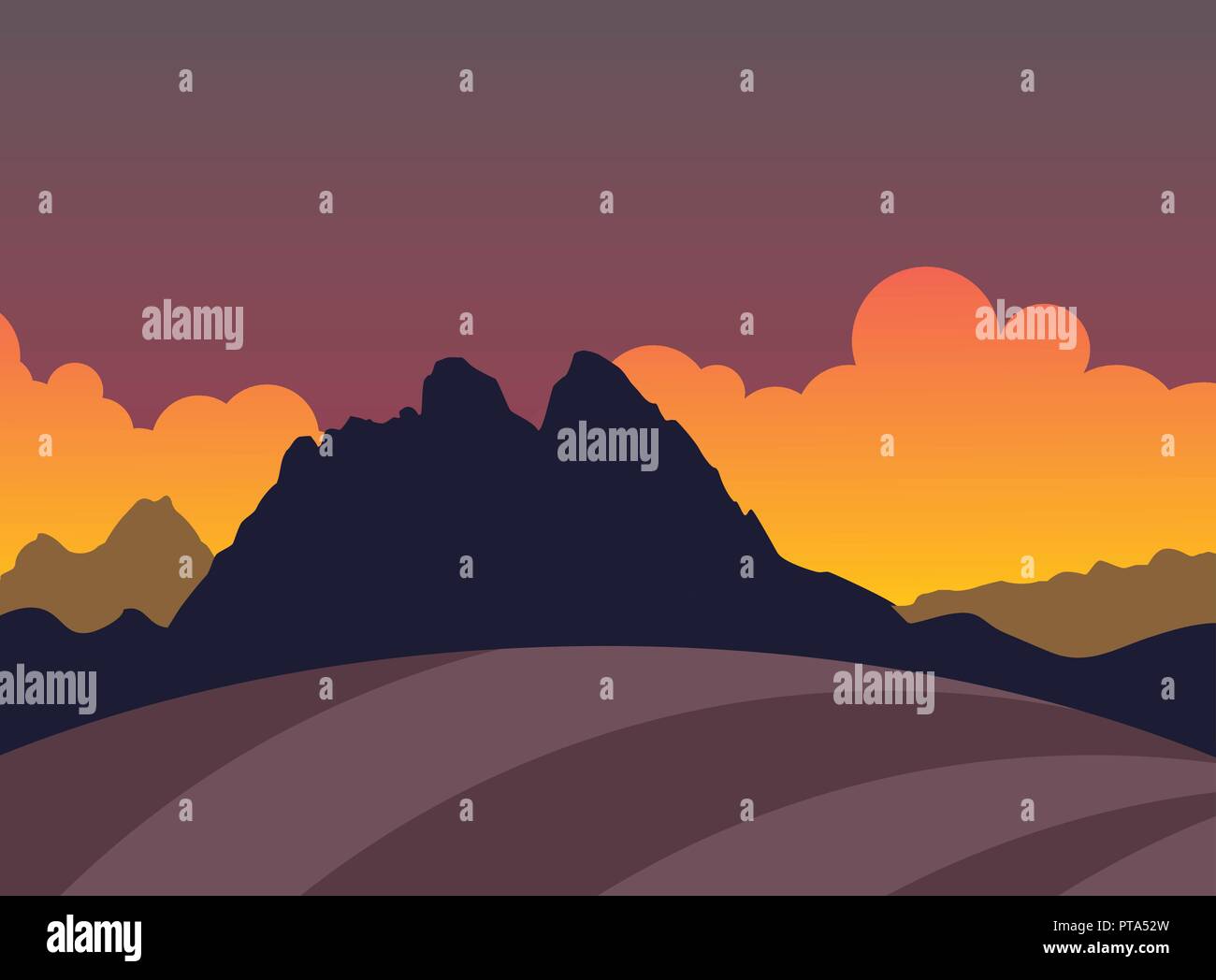 Paysage avec silhouette de montagnes et de champ dans le coucher du soleil, Vector Illustration d'arrière-plan Illustration de Vecteur