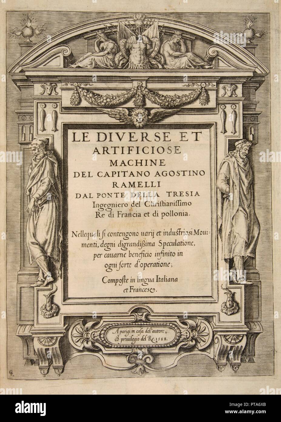 Page de titre, de la diversité et Artificiose Machine del Capitano Agostino Ramelli, pub. (1588 Engravi Organisateur : École Française (16e siècle). Banque D'Images