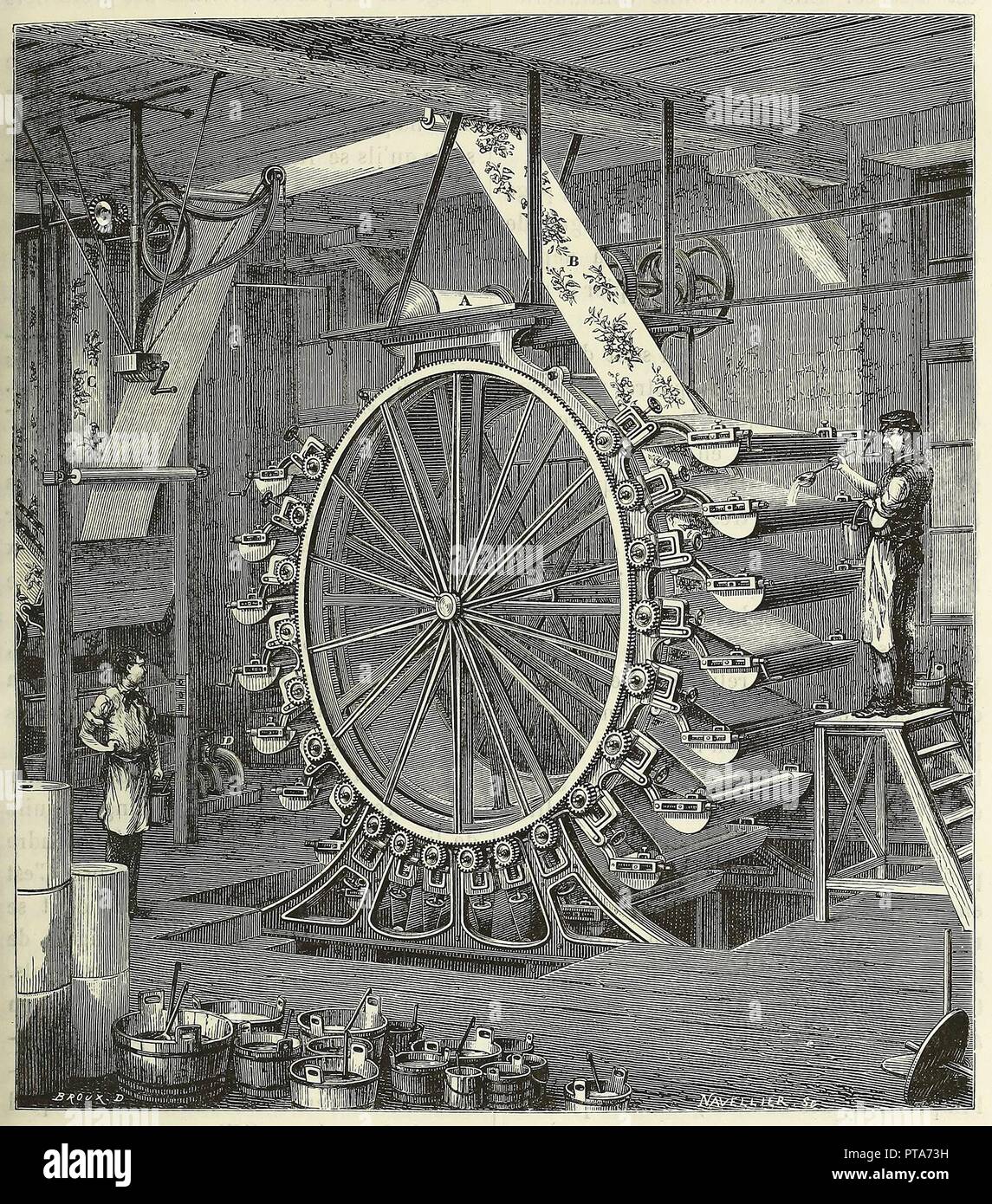 Machine pour l'impression Papier peint dans jusqu'à vingt Couleurs, pub. 1873 (gravure), 1873. Organisateur : École Française (xixe siècle). Banque D'Images
