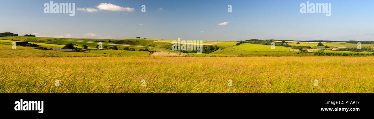 Une mosaïque de champs et terres agricoles petit couvre le paysage vallonné de Cranborne Chase à Tollard Royal sur la frontière du Wiltshire et sor Banque D'Images