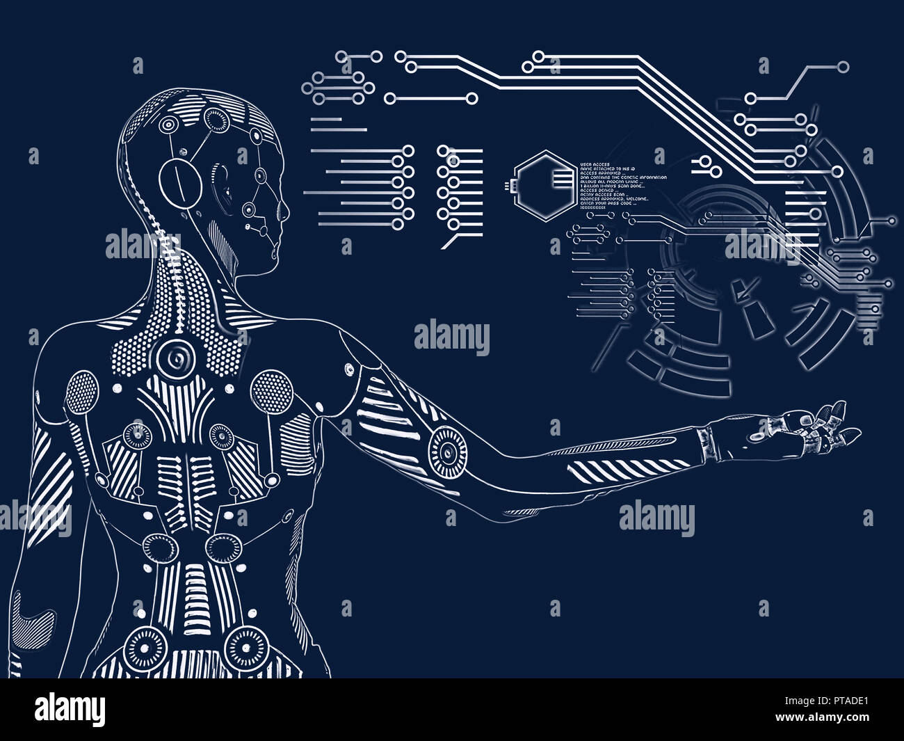 Le rendu 3D illustration d'un robot-femme debout avec le dos contre la caméra, tenant son bras. Numérique futuriste concept. Banque D'Images