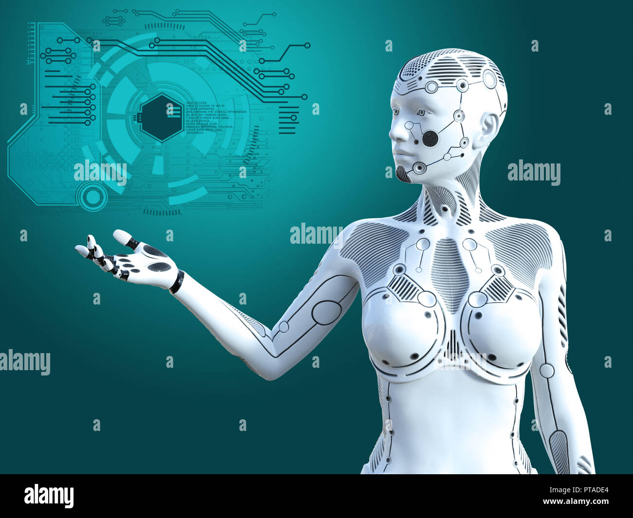 Le rendu 3D d'un robot femme debout et tenant son bras. Numérique futuriste concept. Banque D'Images