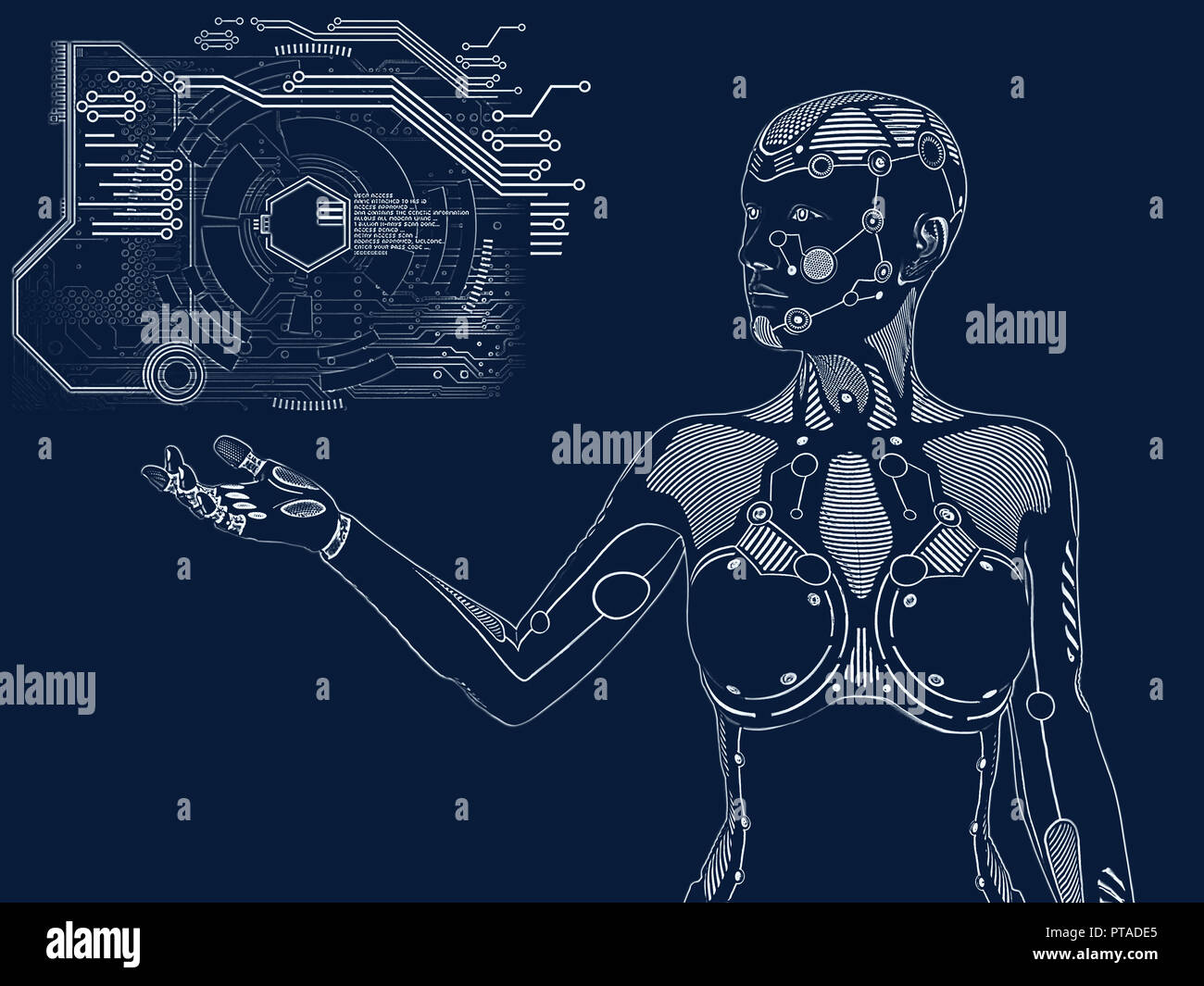 Le rendu 3D illustration d'un robot-femme debout et tenant son bras. Numérique futuriste concept. Banque D'Images