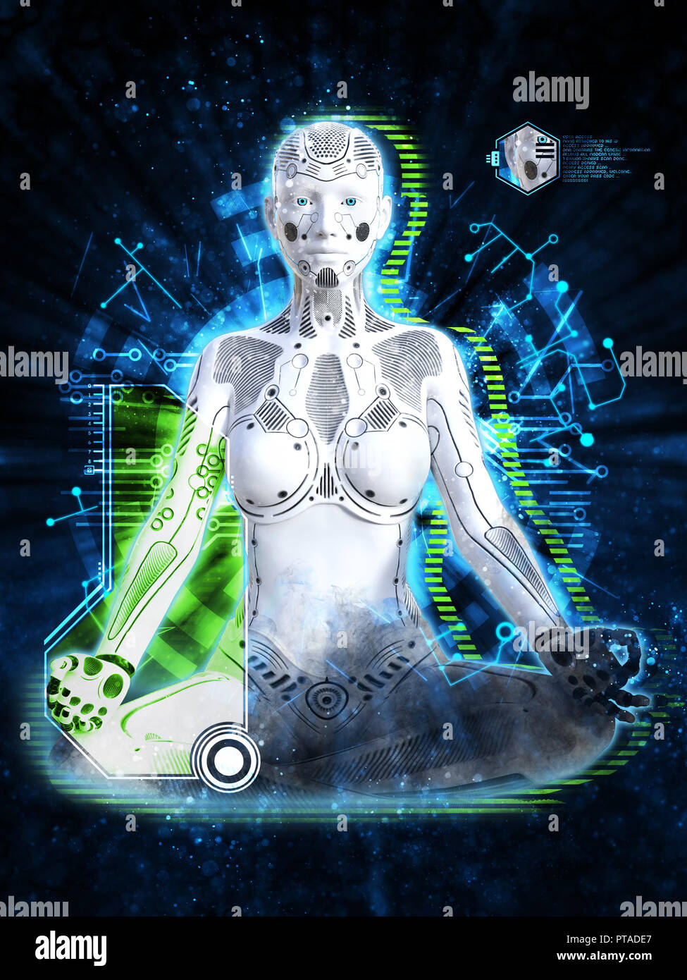 Le rendu 3D d'un robot femme assise dans l'espace et à la méditation. La technologie numérique futuriste concept. Banque D'Images