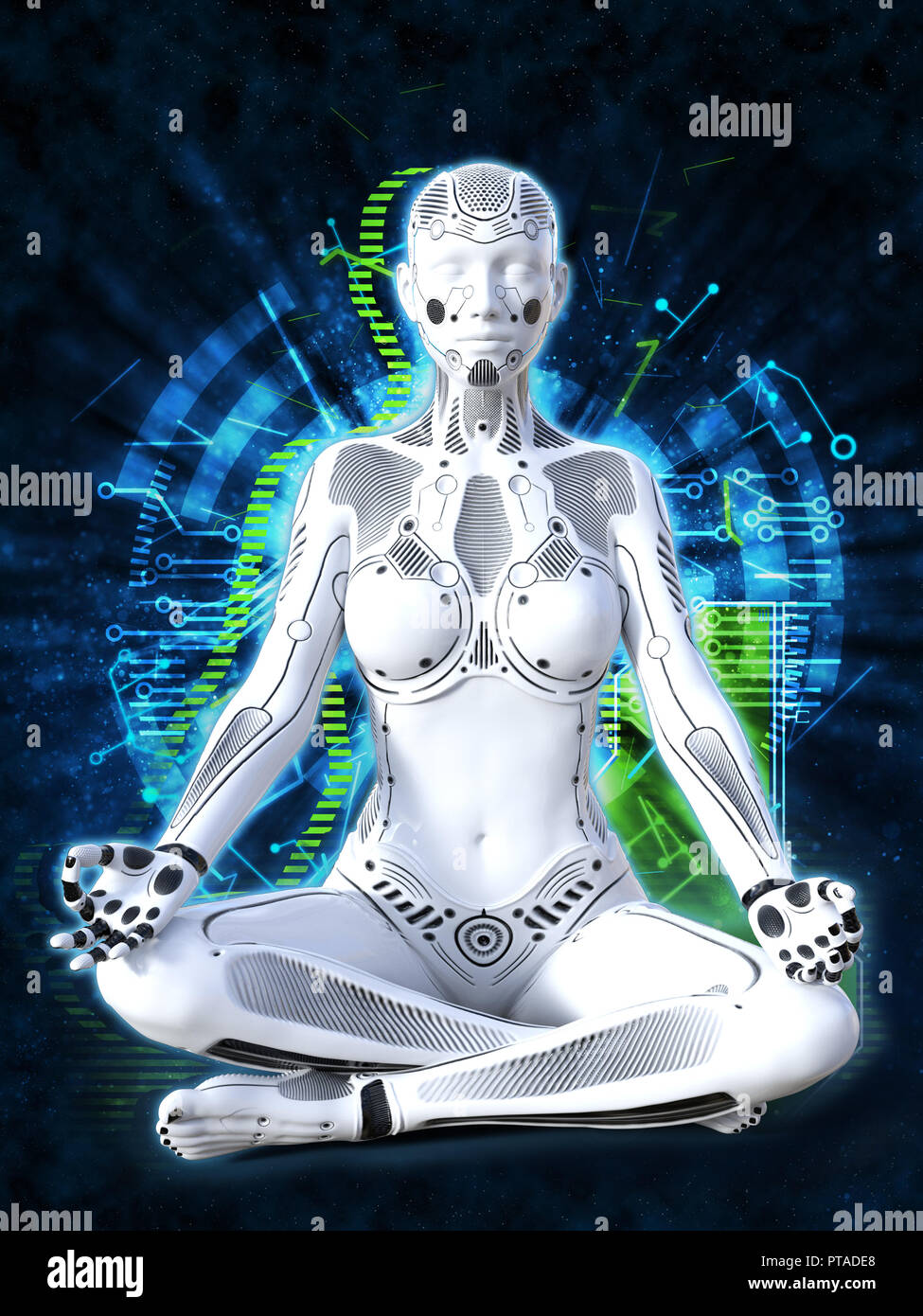 Le rendu 3D d'un robot femme assise dans l'espace et en méditant les yeux fermés. La technologie numérique futuriste concept. Banque D'Images