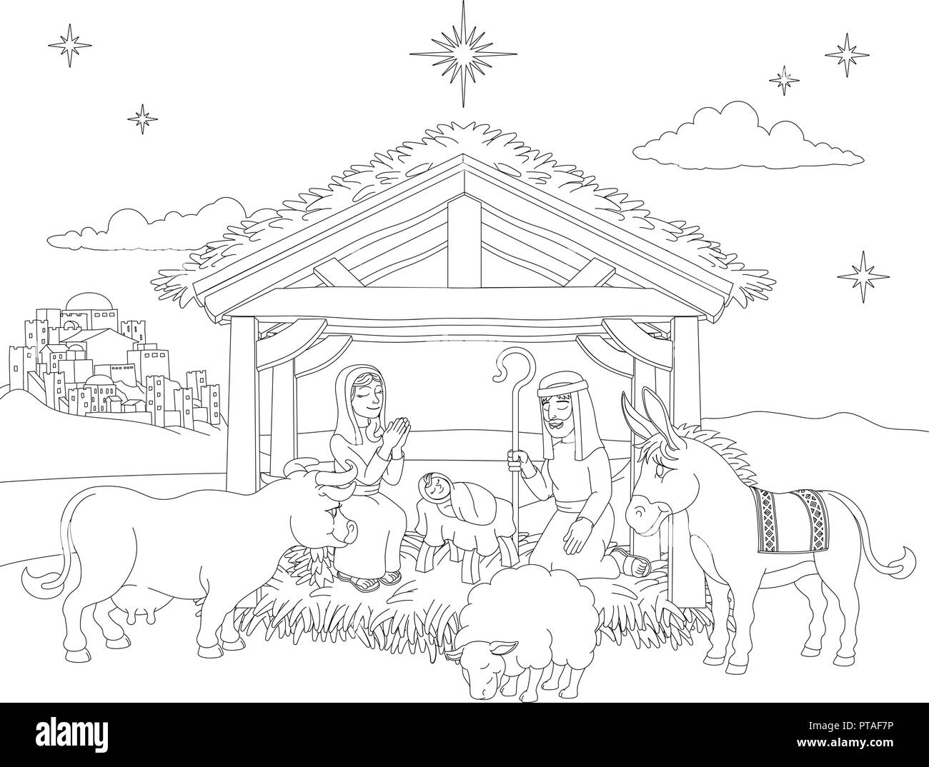 Cartoon Christmas Nativity scene Coloring Illustration de Vecteur