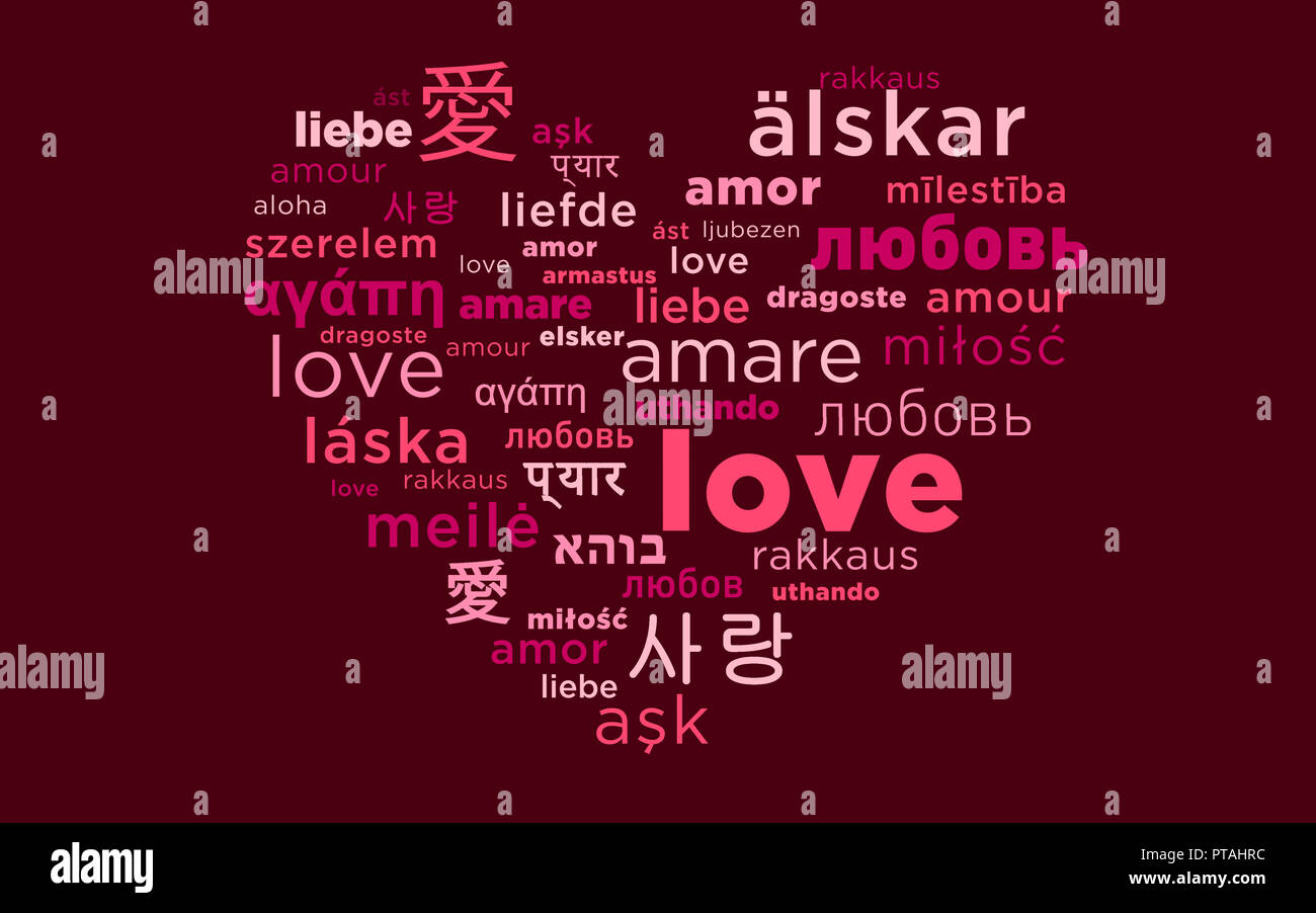 Le Mot Amour Dans De Nombreuses Langues En Plein Cœur De Formes Motif Romantique Photo Stock Alamy
