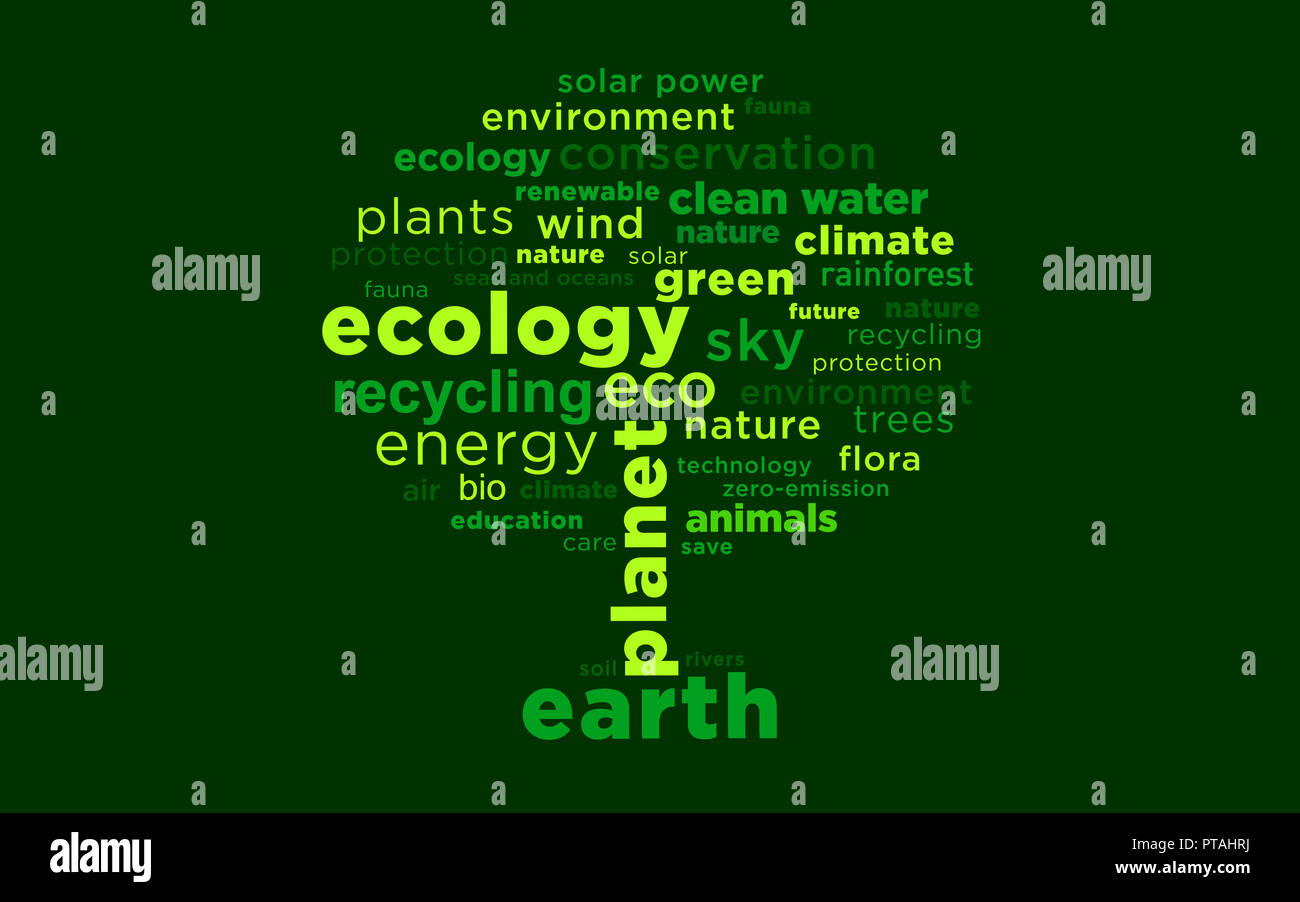 Ecology concept avec beaucoup de slogans dans la forme d'un symbole de l'arbre. La protection de l'environnement et de la planète. Banque D'Images