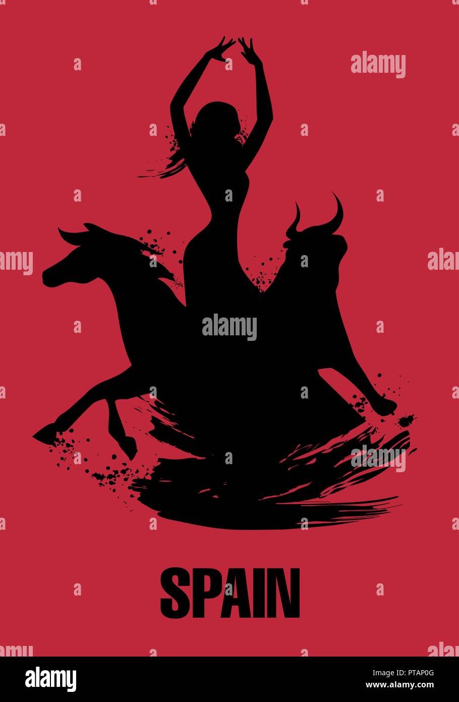 Danseuse espagnole, Bull et le cheval. Vector Illustration Illustration de Vecteur