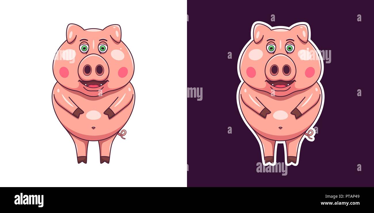 Gai et souriant cochon dans télévision style. Vector Cartoon character de porcelet rose avec décrit, drôle et mignon autocollant. Illustration pour Piggy isolés Illustration de Vecteur
