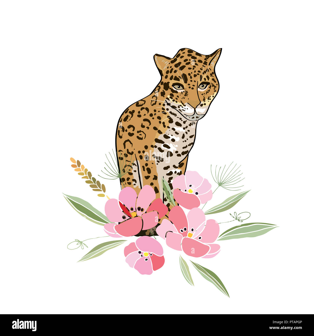 Illustration de style rétro avec des fleurs et des animaux Banque D'Images