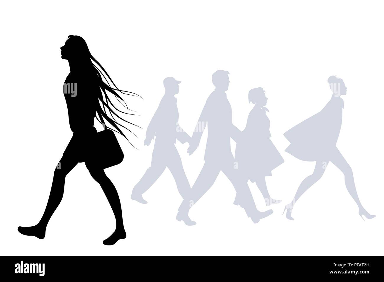 Jeune fille avec de longs cheveux dans le vent marche sur la rue. Silhouettes de personnes dans l'arrière-plan Illustration de Vecteur