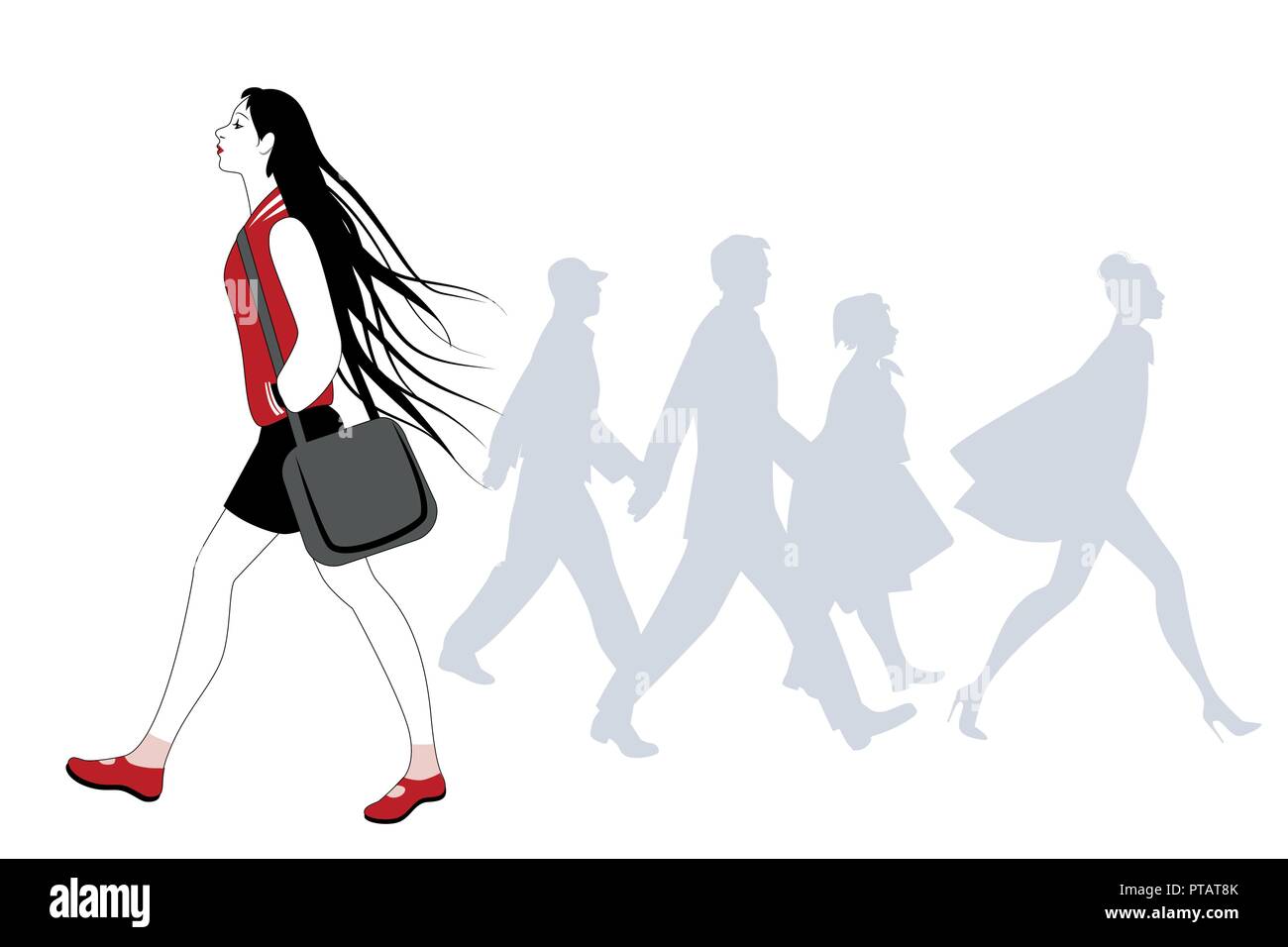 Jeune fille avec de longs cheveux dans le vent marche sur la rue. Silhouettes de personnes dans l'arrière-plan Illustration de Vecteur