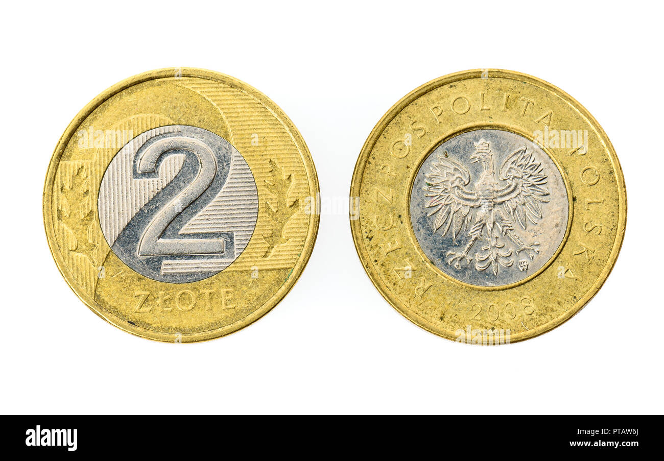 Ancien utilisé deux Zloty Polonais coin isolé sur fond blanc. Têtes et queues - des deux côtés de l'argent monnaie polonaise zloty. Banque D'Images