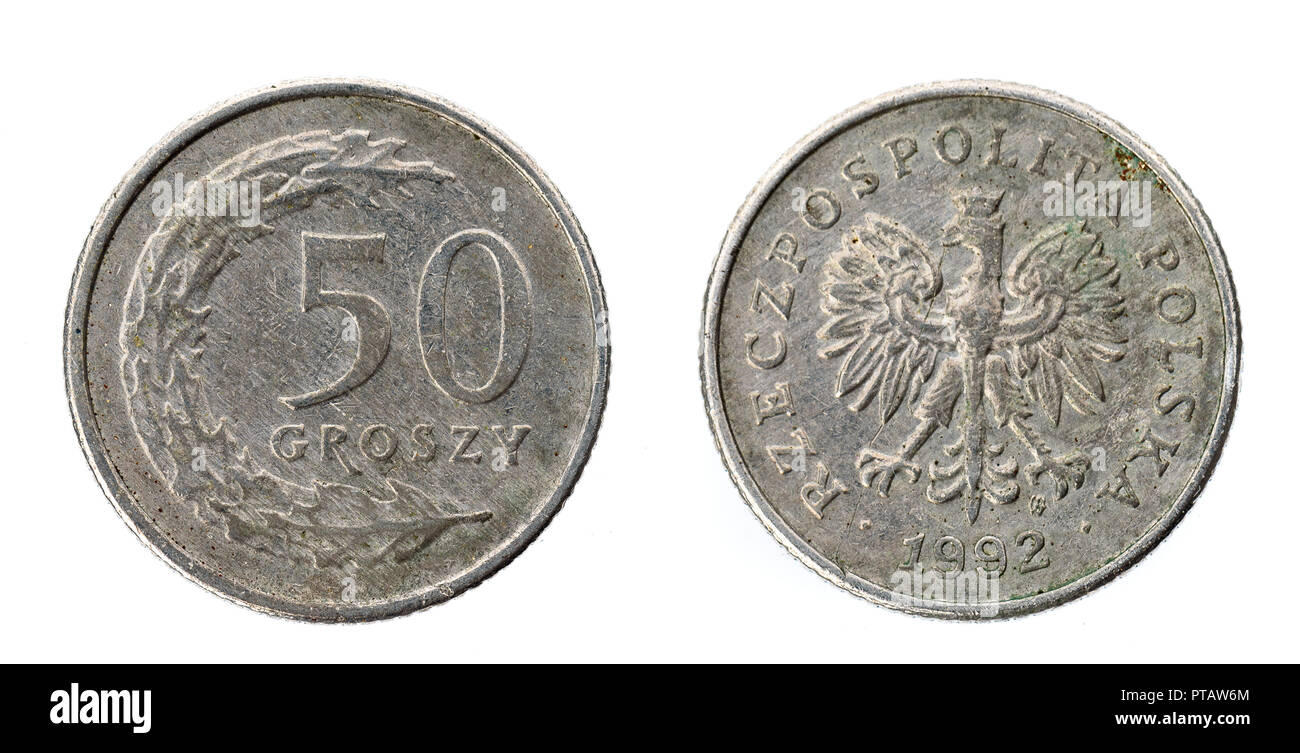 Ancien utilisé cinquante Polish groszy coin isolé sur fond blanc. Têtes et queues - des deux côtés de l'argent monnaie polonaise groszy - zloty. Banque D'Images