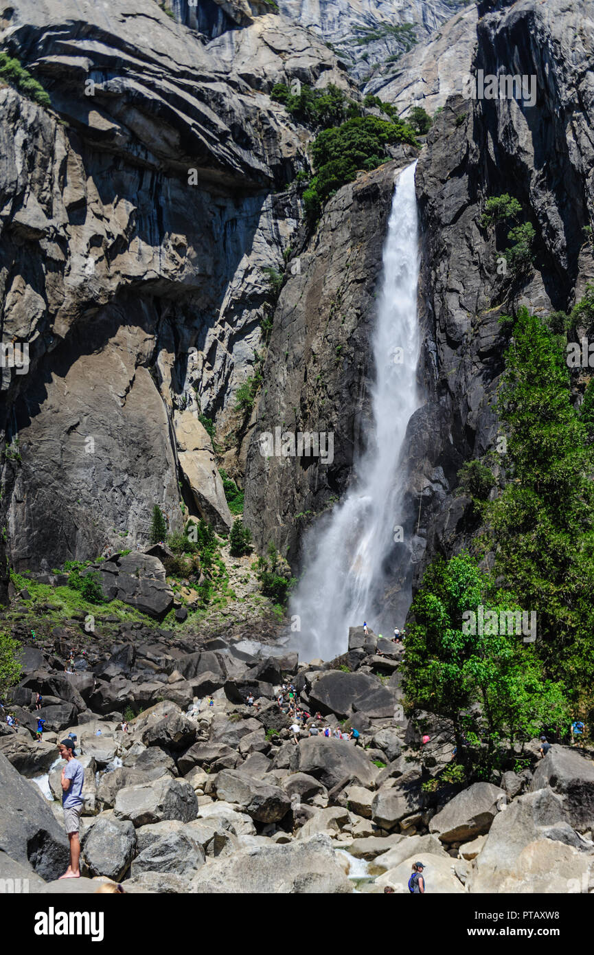 La partie supérieure de yosemite falls sur une journée d'été, début août. Yosemite National Park, Californie Banque D'Images