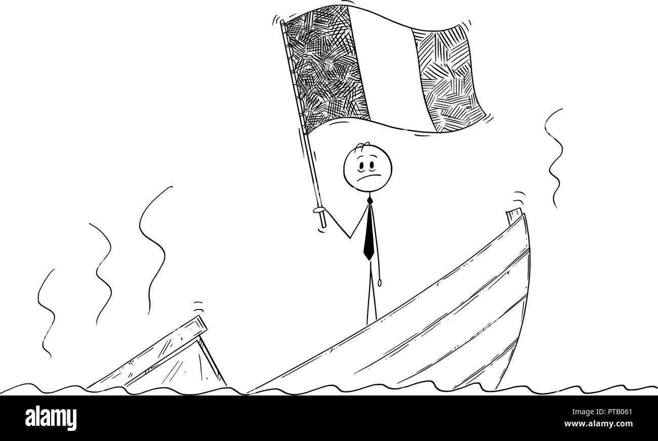 Caricature de l'homme politique debout appuyée sur bateau naufrage agiter le drapeau de la République de l'Irlande ou l'Italie, République Italienne Illustration de Vecteur