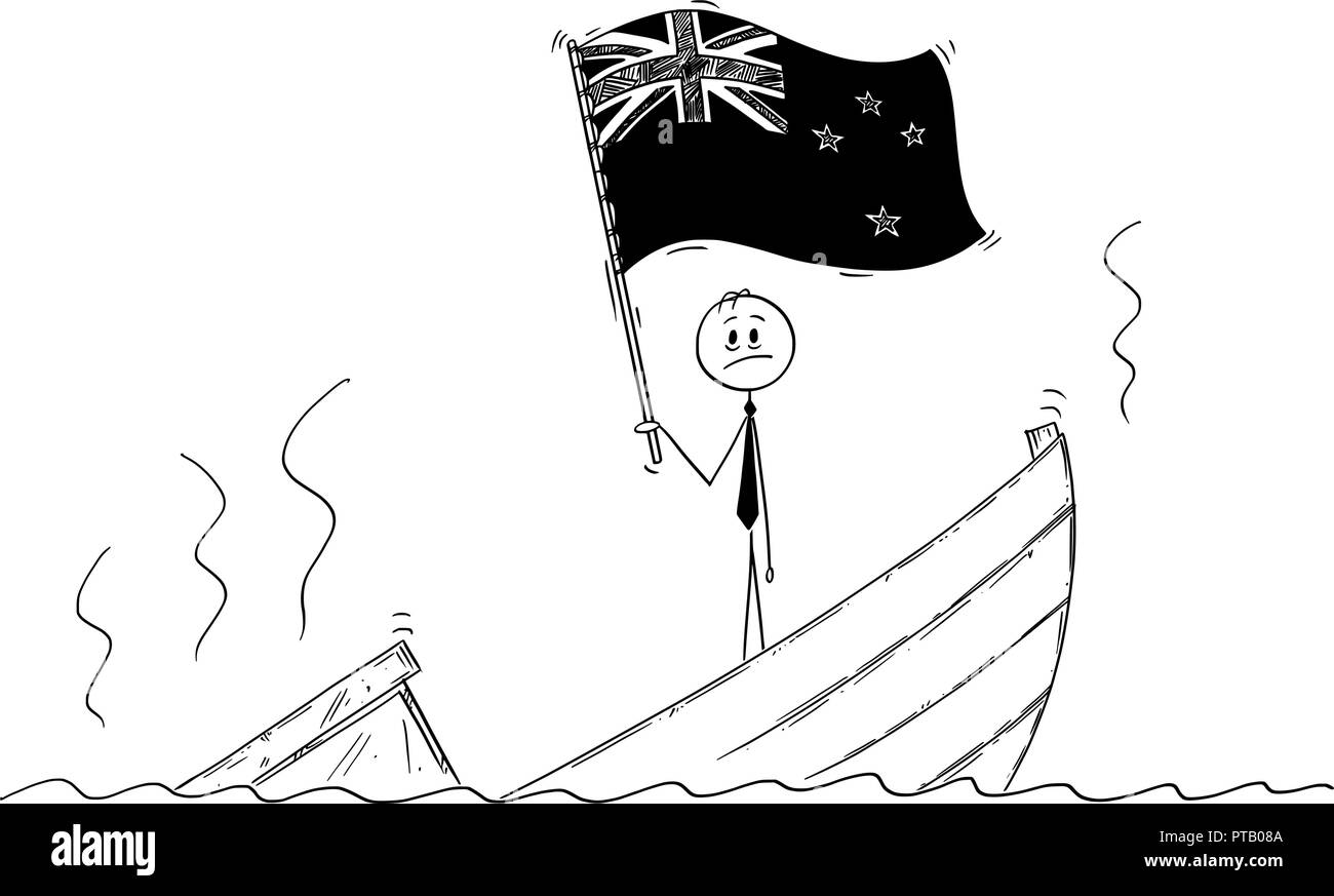 Caricature de l'homme politique debout appuyée sur bateau naufrage agiter le drapeau de la Nouvelle-Zélande Illustration de Vecteur