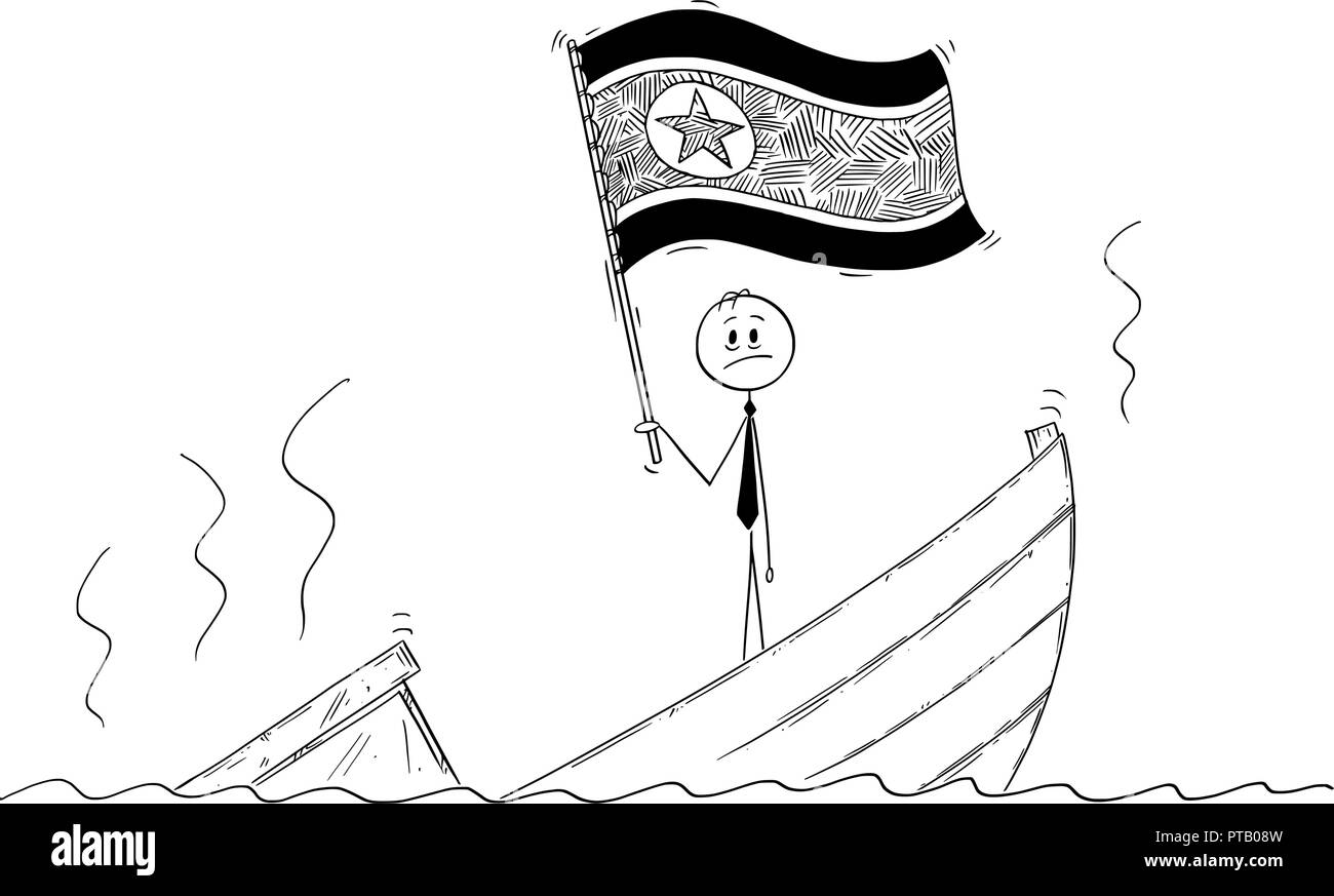 Caricature de l'homme politique debout appuyée sur bateau naufrage agiter le drapeau de la République populaire démocratique de Corée et la Corée du Nord Illustration de Vecteur