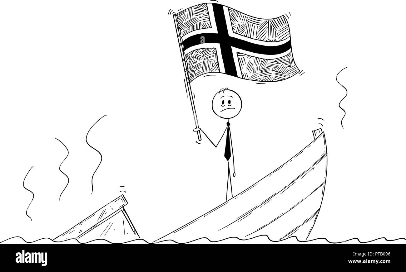 Caricature de l'homme politique debout appuyée sur bateau naufrage agiter le drapeau du royaume de la Norvège Illustration de Vecteur