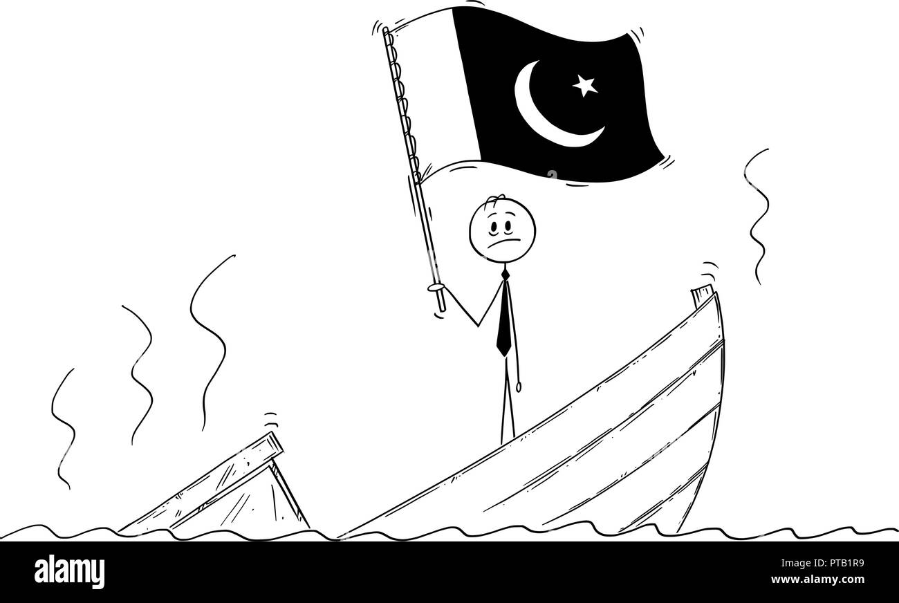 Caricature de l'homme politique debout appuyée sur bateau naufrage agiter le drapeau de la République islamique du Pakistan Illustration de Vecteur