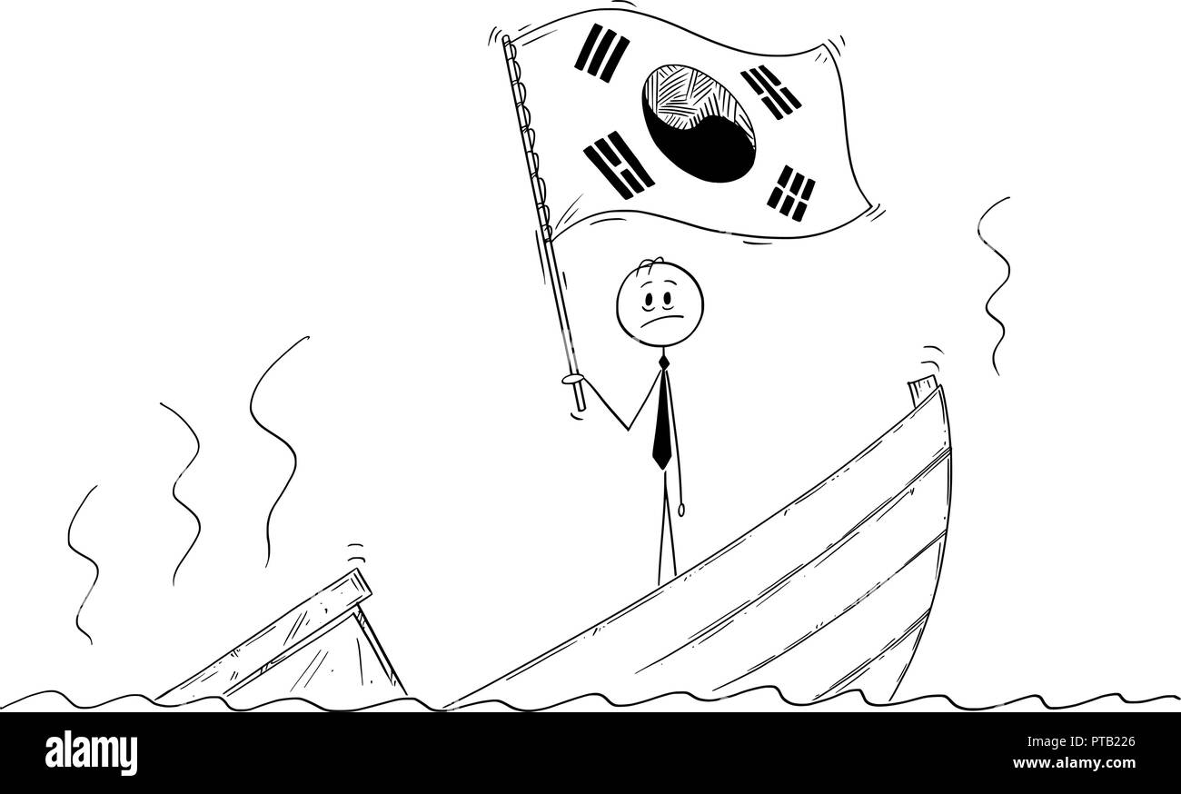 Caricature de l'homme politique debout appuyée sur bateau naufrage agiter le drapeau de la République de Corée ou Corée du Sud Illustration de Vecteur